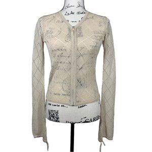 Vintage Free People Pointelle Knit Gold Metallic Mesh Zip Up Cardigan Coachella